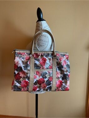 JOANEL (Made in Canada) Floral Glossy Coated Canvas Tote with Beige Trim